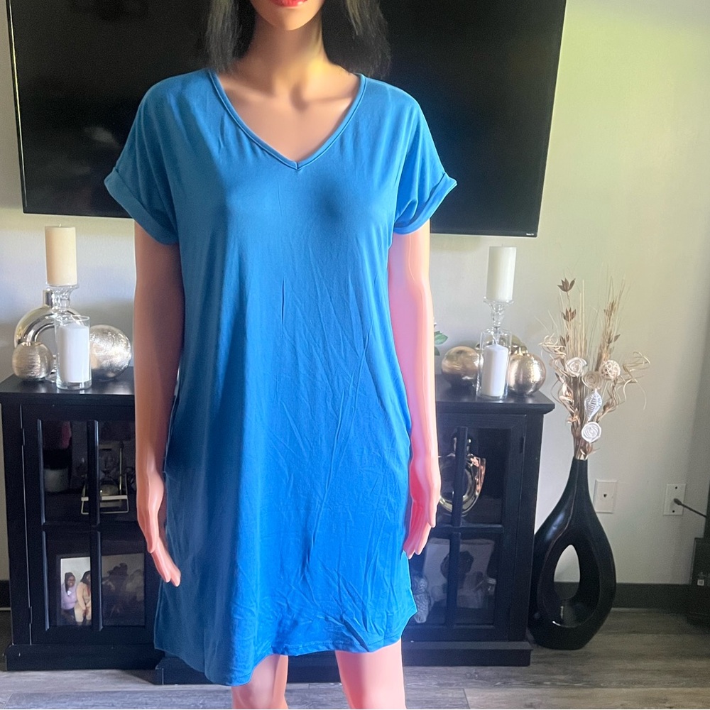 Chic Cap Sleeve V-Neck Blue Mini Dress